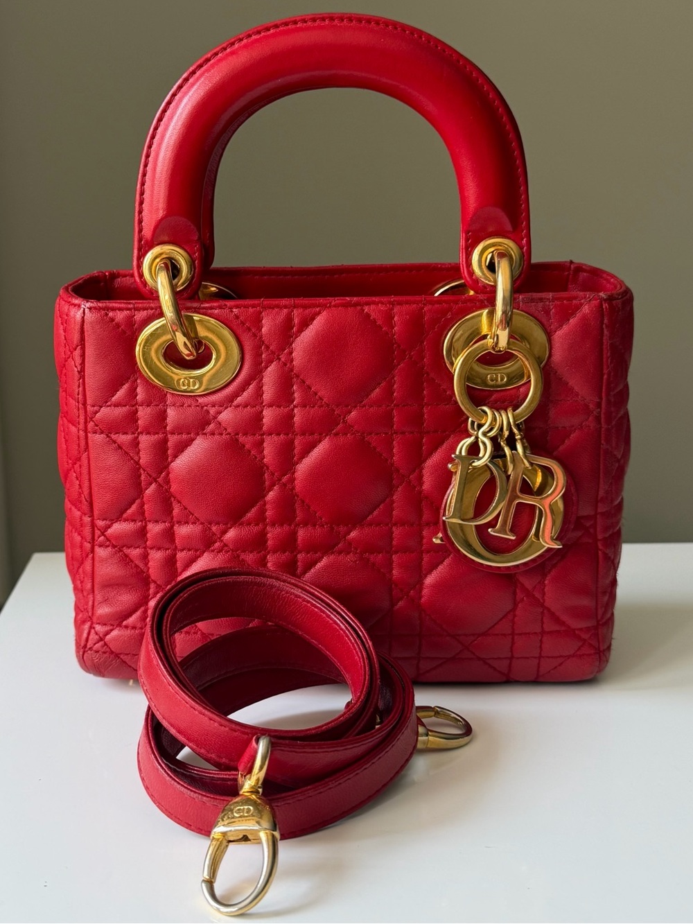 Christian Dior Lady Dior Mini Cannage Lambskin Bag Red Gold Hardware w/ Strap - Picture 10 of 13
